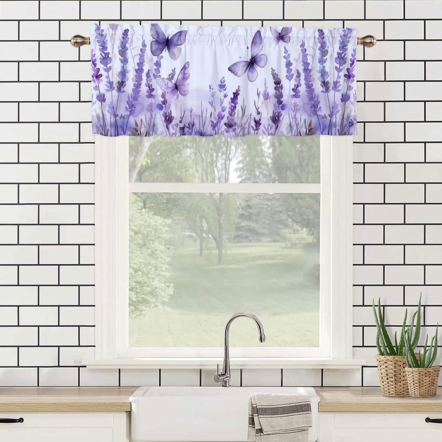 Butterfly Valance Curtain for Kithchen Windows Flying Butterfly Lavender Flowers Valance for Bedroom Living Room Bathroom Rod Pocket Small Window Curtains 2 Pack 52x 18 inch