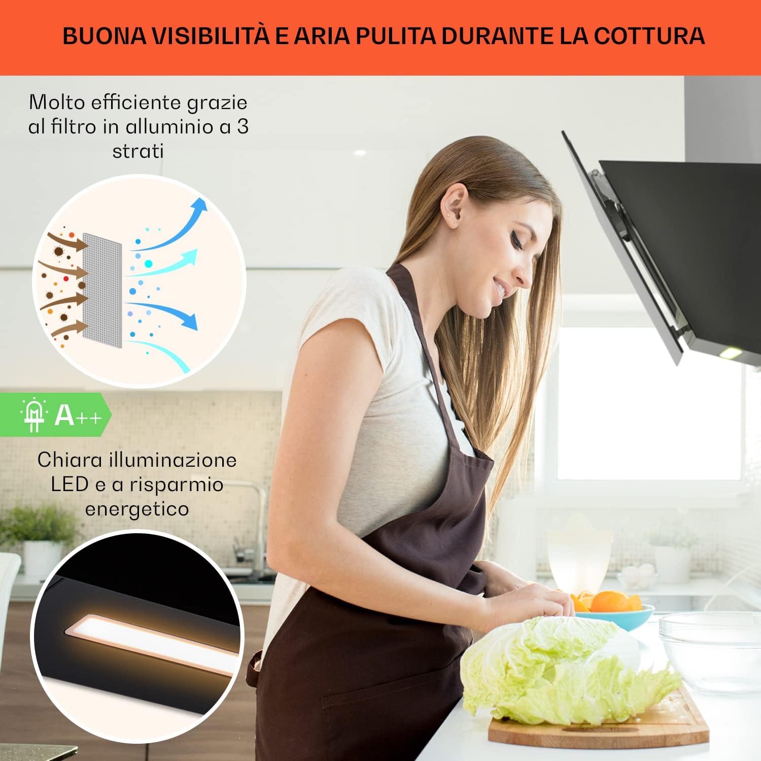 Klarstein range hood showing multi-layer aluminum filter and LED lighting