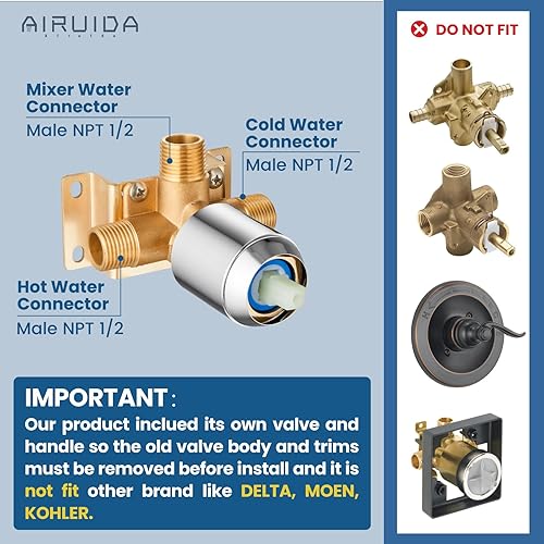 Vista 29 de Airuida Kit de moldura de válvula de mango de ducha redondo de una sola función, válvulas de ducha de montaje en pared, grifo de latón, válvula