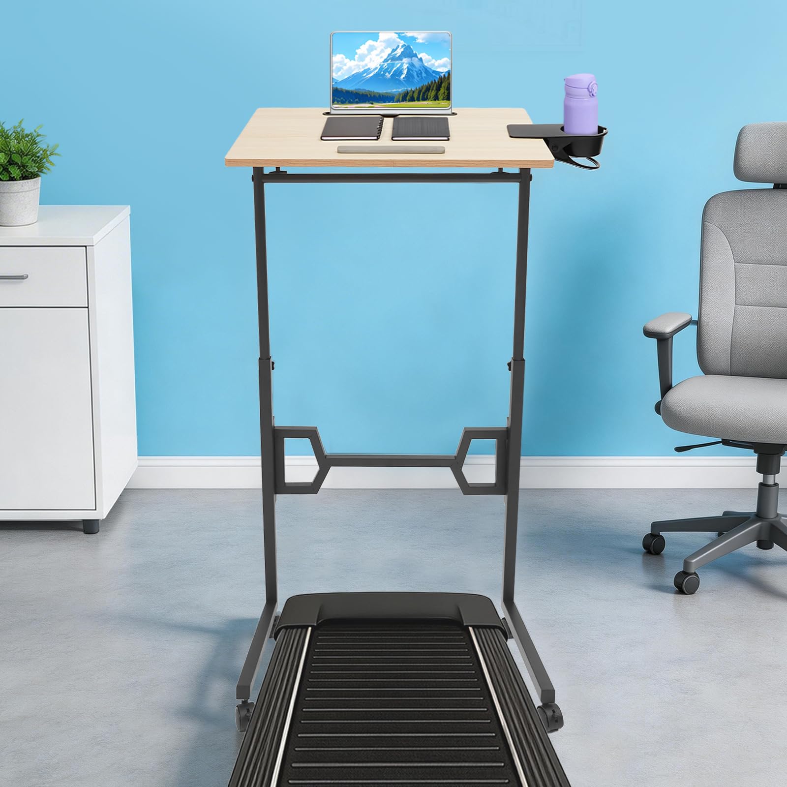 Laufband Schreibtisch mobil, 60×40cm Computertisch mit Rollen | Mobiler Arbeitstisch, Laptoptisch höhenverstellbar 74-106cm, mit Getränkehalter für Laufband, Büro und Zuhause