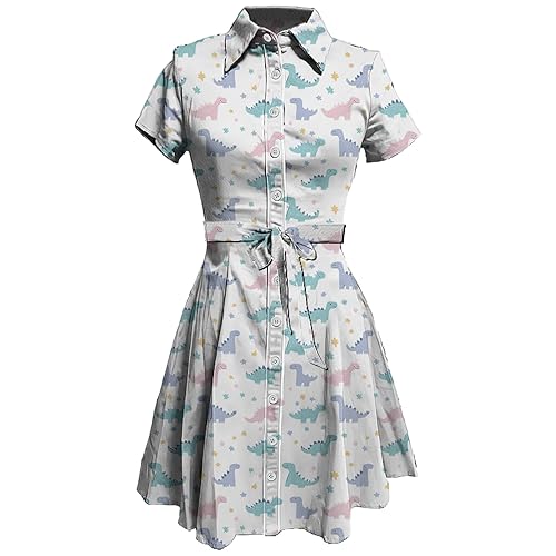 MARSVOVO Cute T Shirt Dress for Women Short Sleeve Button Up Tie Waist Elegant Casual Collared Smocked Midi Dress - A Cartoon Dinosaur - Large