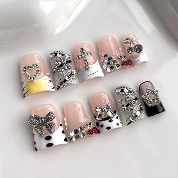 French Tip Press on Nails Handmade Short Duck 3D Gothic Thick Acrylic Nails Black&White False Nails with Cherry Bow Rhinestones Designs Cool&Sweet Fake Nail Sturdy Art Press on Nail 10PcsM