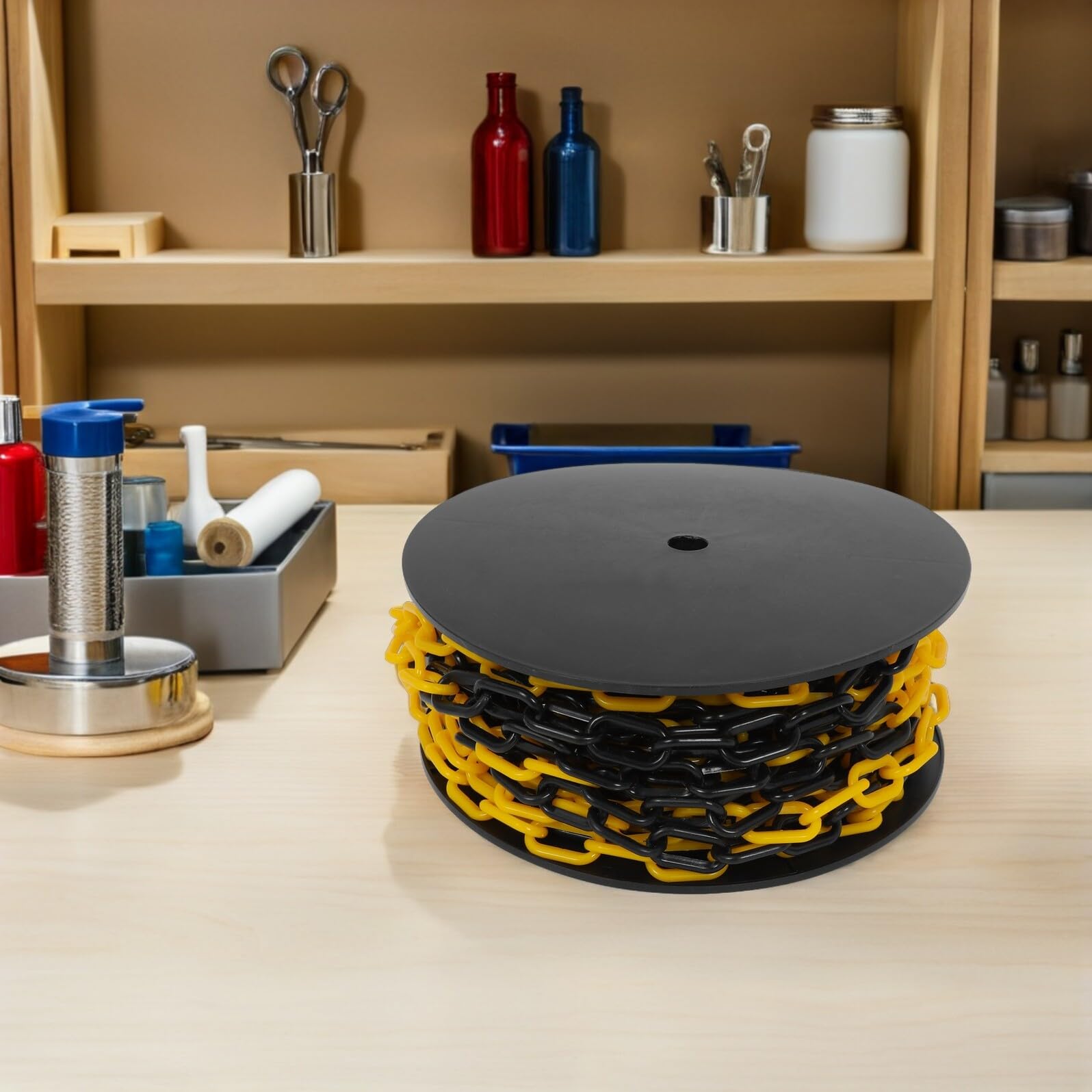 Cadena de barrera de seguridad de plástico amarillo y negro resistente a la intemperie, 6 mm de grosor, para señalización de control de multitudes y soluciones de valla segura
