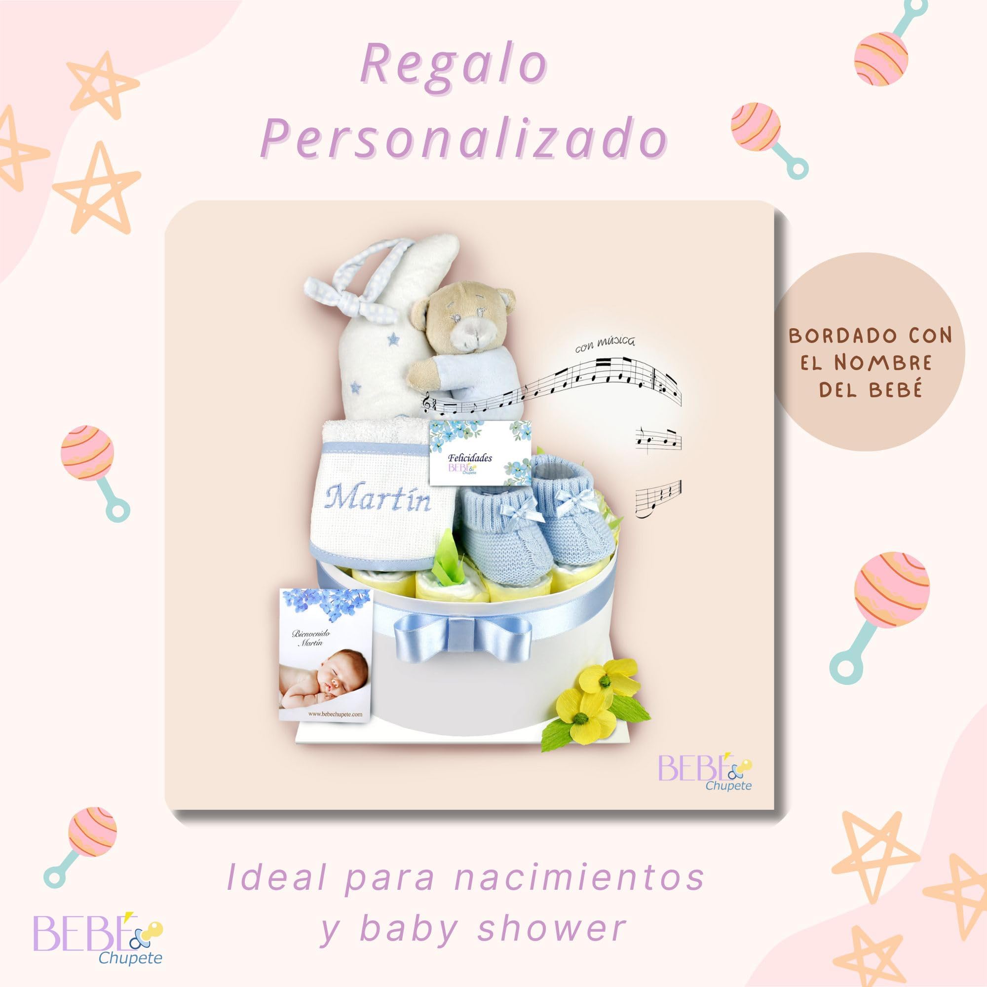 BEBÉCHUPETE Tarta de Pañales Personalizada DODO T - Canastilla bebe - Regalo bebe recien nacido niño/a - Cesta bebe recien nacido niño - Regalos para bebes recien nacidos (Azul)