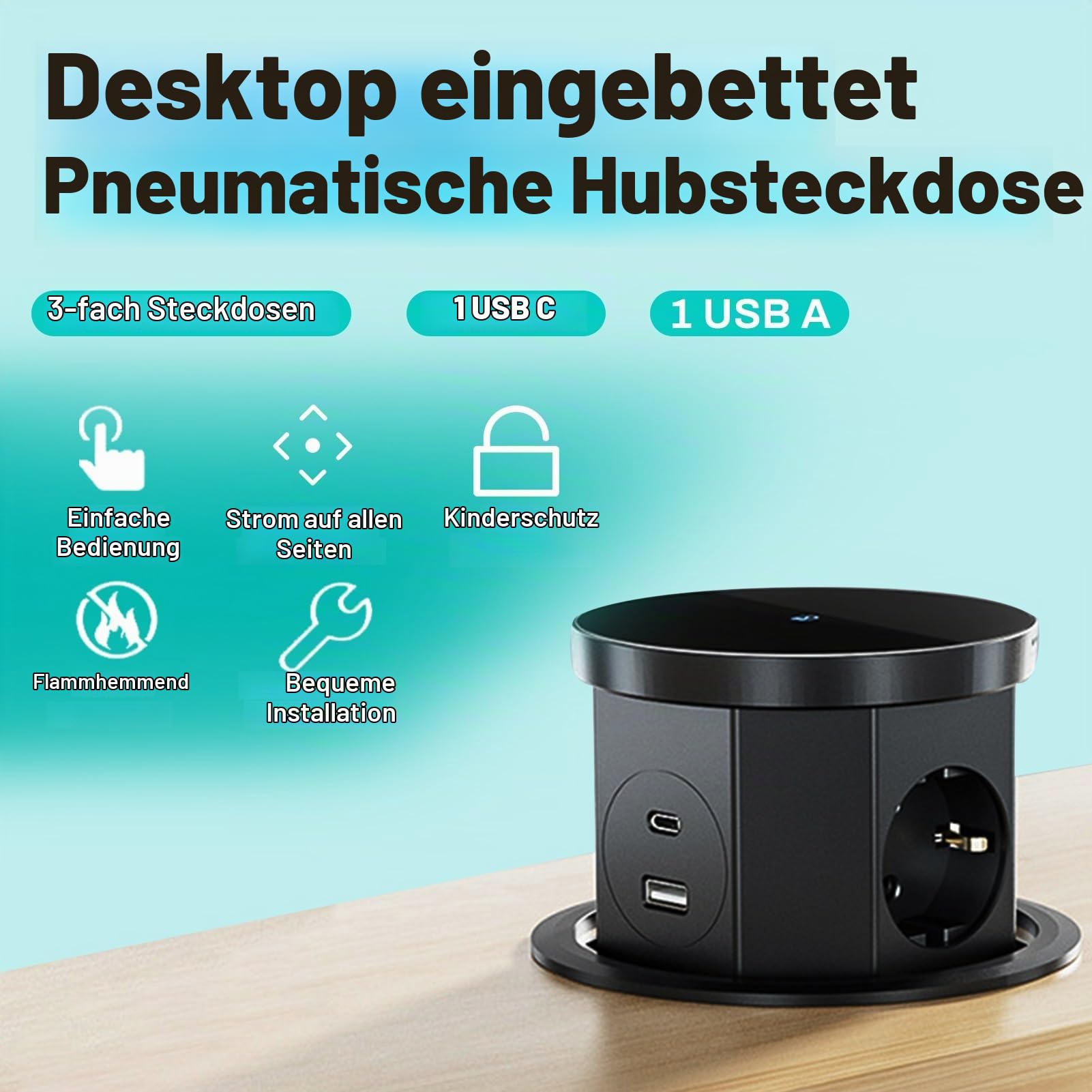 DEWIN Versenkbare Steckdose, Tischsteckdose 3 Fach Steckdosenleiste mit USB C, Kabellosem Ladegerät 15W und 1,5m Kabel Schwarz