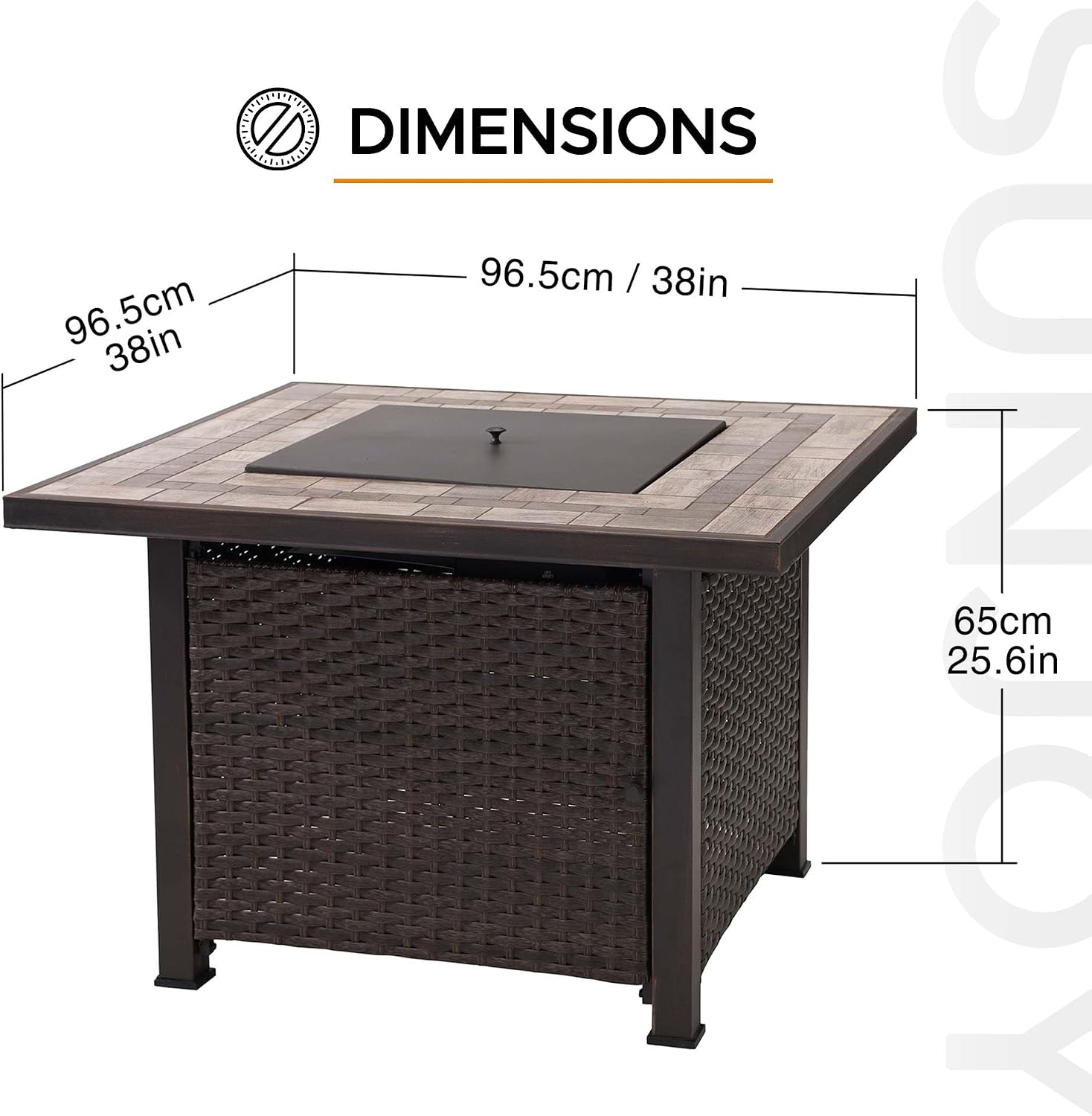 Sunjoy 38" Gas Fire Pit Table, Outdoor Patio Brown Square All-Weather Wicker Ceramic Tile Top Propane Burning Fire Pit Table with Lid and Lava Rocks