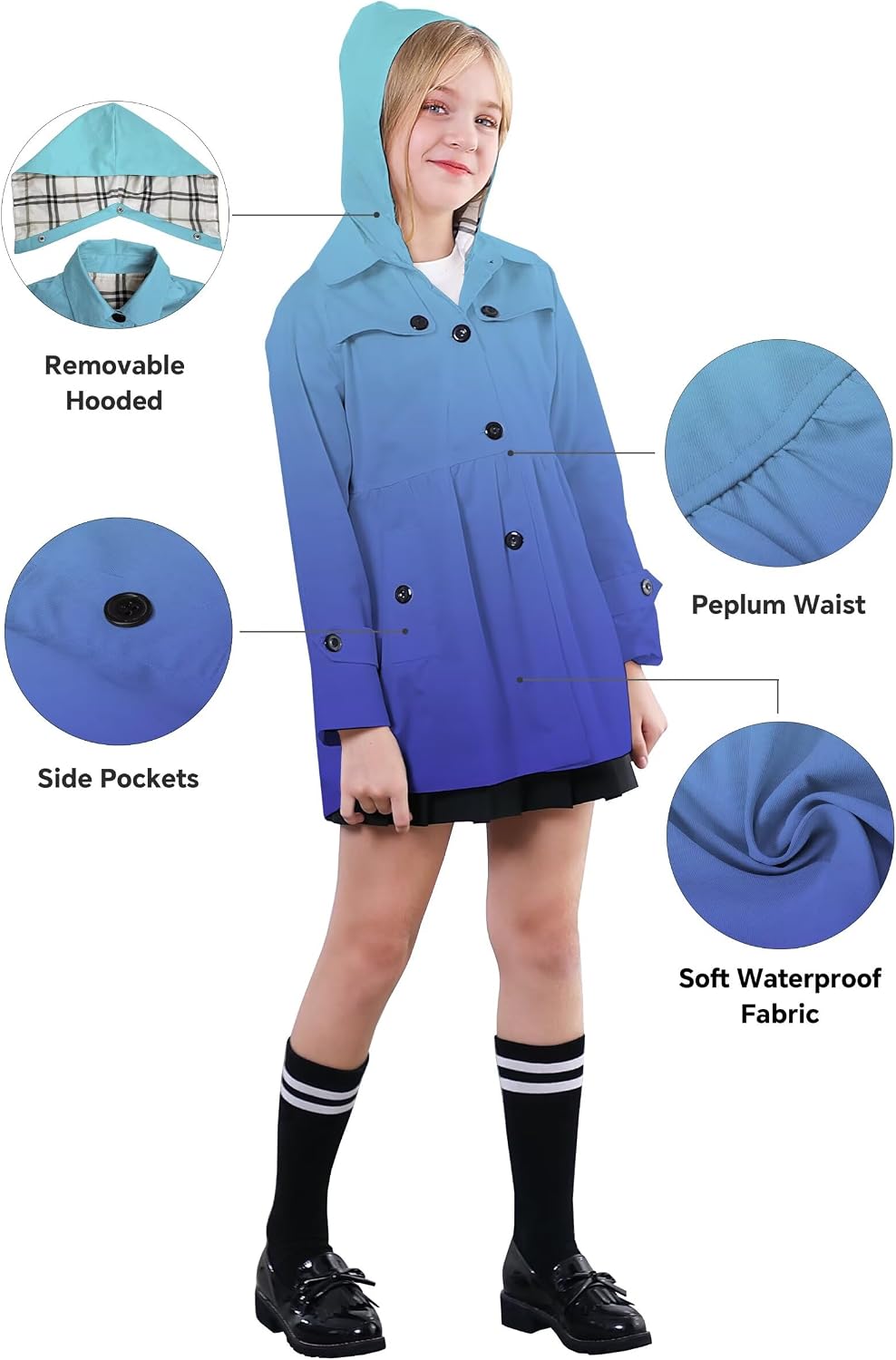 SANGTREE Girl's Waterproof Trench Coat Hooded Lightweight Windbreaker Rain Jackets