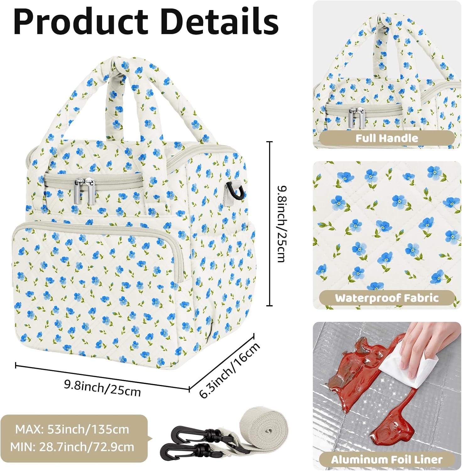 Women's Insulated Lunch Tote Bag - Inch Quilted Lunch Box for Women, Large Waterproof Cooler Bag with Pockets for Work, Picnic, Adult (blue flower)