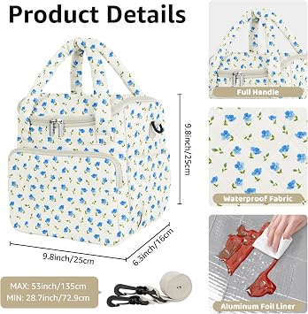 Women's Quilted Insulated Lunch Tote Bag, Waterproof Cooler Lunch Box | Large Capacity Leakproof Thermal Cooler Bag with Removable Shoulder Strap,Soft Handle for Work Office Picnic Beach Daily Use