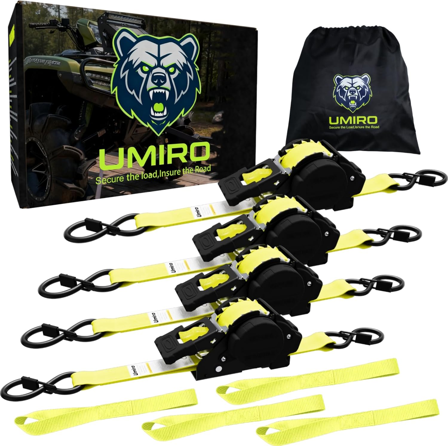 Retractable Ratchet Straps, 4-Pack, 1 Inch x 12 Feet Heavy Duty Tie Downs, 1760lb Break Strength, Self Retracting for Truck, Cargo, Trailer, Motorcycle, ATV, UTV (Yellow, 4pack)