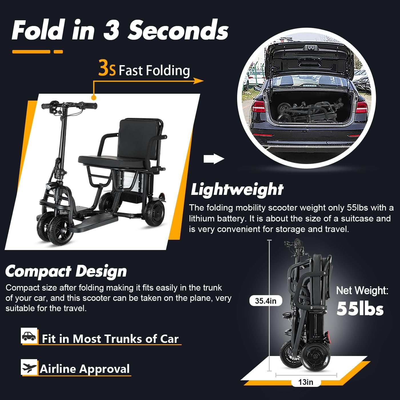 Scooter folding process and compact size