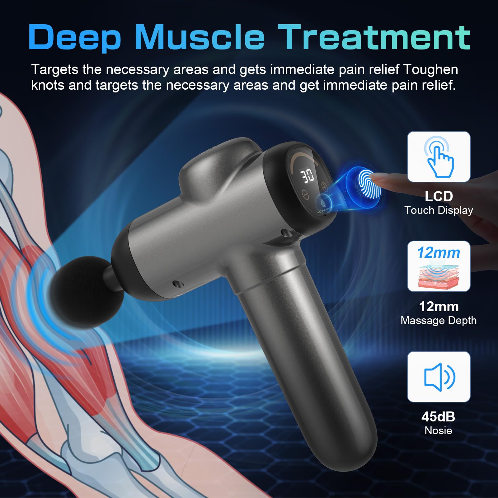 Pistola massaggiante per tessuti profondi, pistola per massaggio muscolare, 30 livelli di velocità, a percussione, portatile, per alleviare il dolore muscolare, recupero fitness, modellatura del corpo