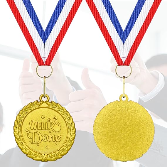 Donrime Well Done Medals, 12-Pack Gold Metal Medal Sports Day Medals with Ribbon Necklace for Sports Day Prizes, Gymnastics Competitions, Party Gifts, Kids Adults