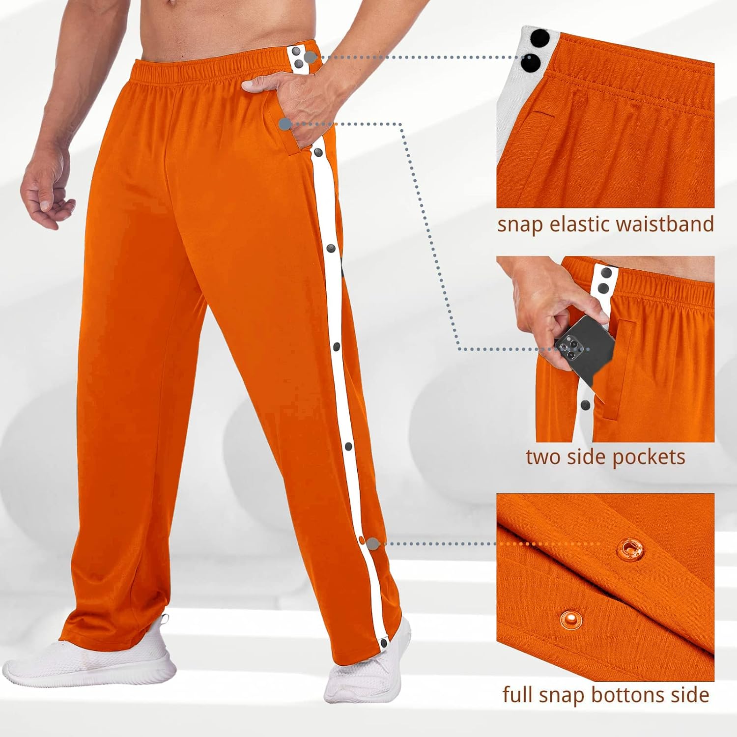 Deyeek Men's Tear Away Basketball Pants High Split Snap Button Casual Post-Surgery Sweatpants with Pockets - Image 3