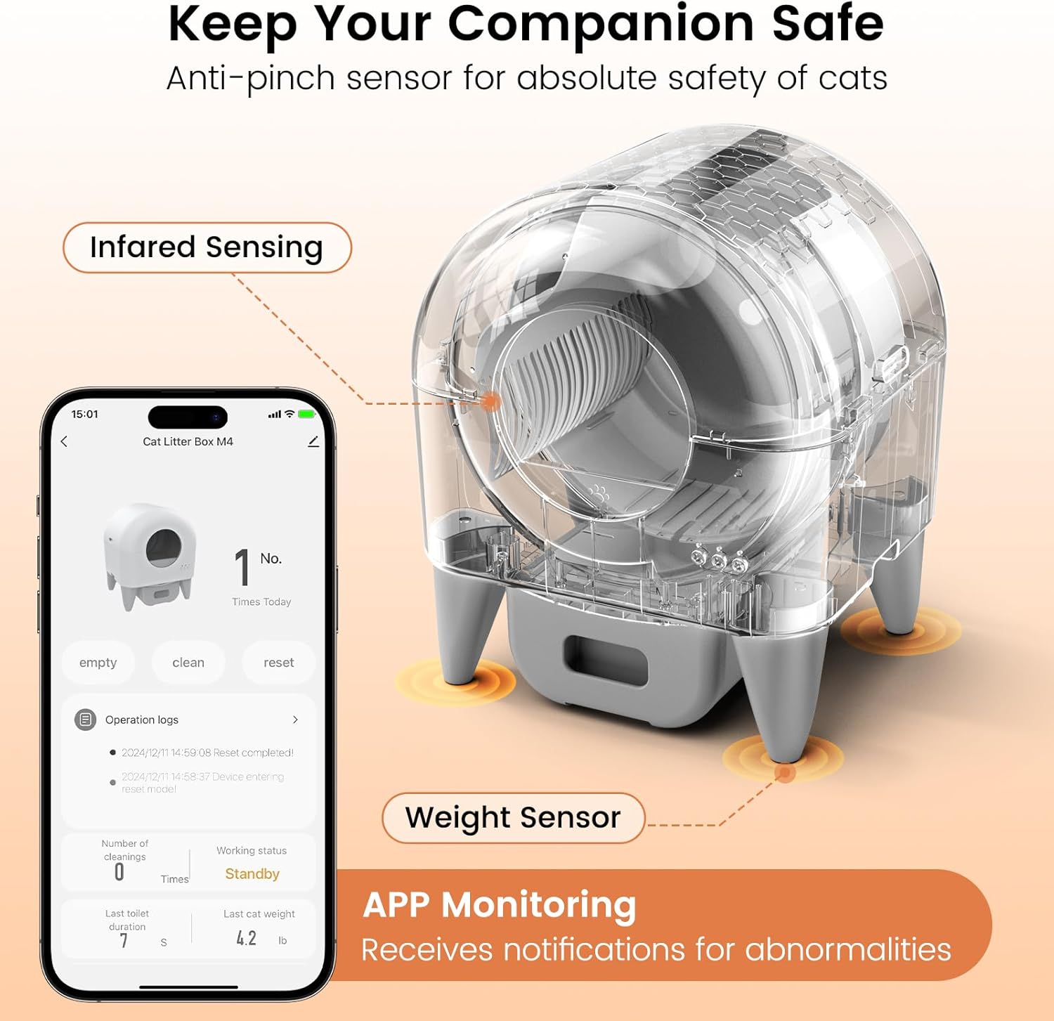 Diagram showing infrared sensing and weight sensor locations on the self-cleaning litter box, highlighting safety features.