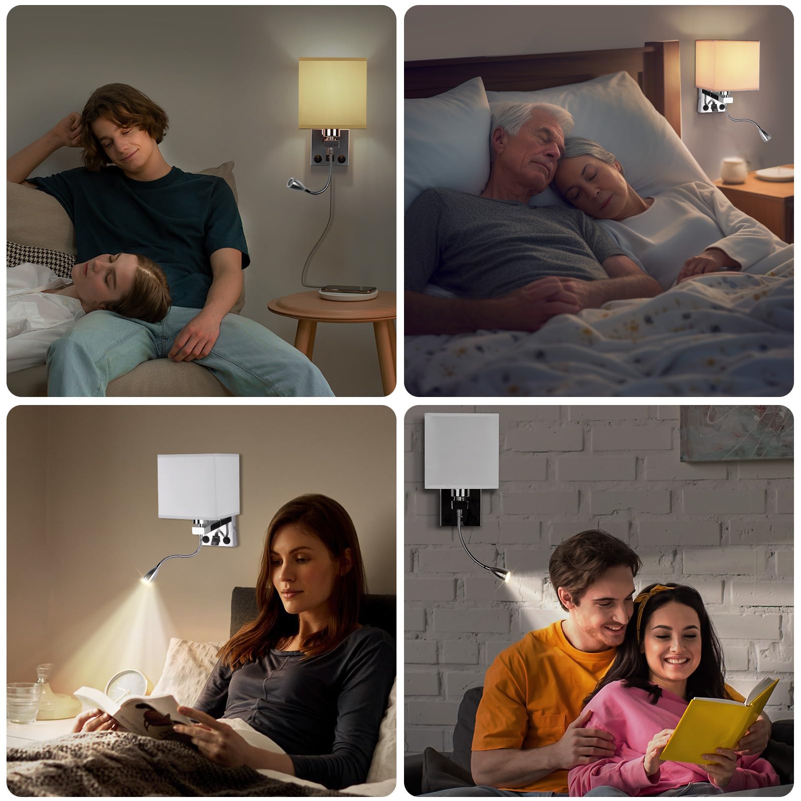 ALLOMN Applique da Comodino, Applique da Lettura a LED Applique Moderna Cromata Lucida con Faretto Orientabile a Collo di Cigno, Doppi Interruttori, Con porta USB da Caricare E27 (Con USB, 1 PCS)