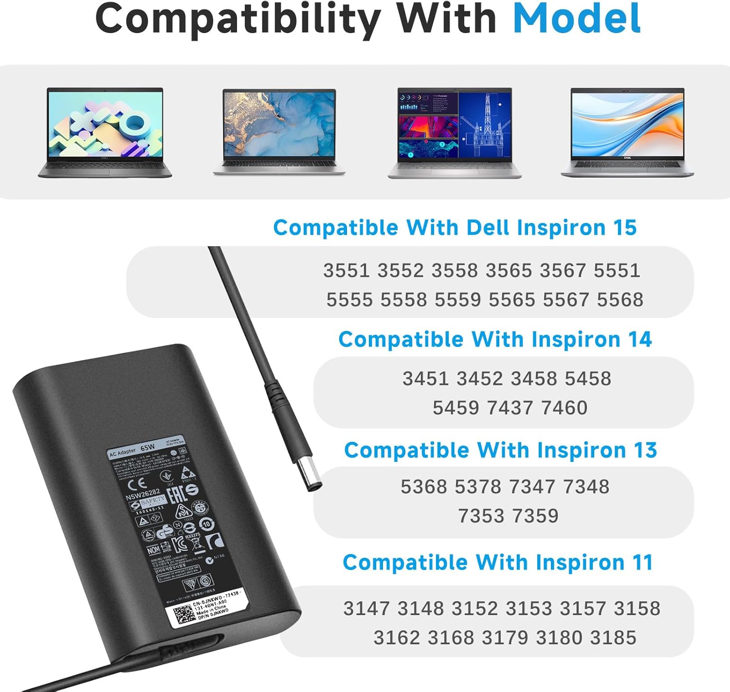 65W 45W AC Laptop Charger Compatible with Dell Inspiron 13 15 3558 3567 5558 5559 5567 5568 5368 5378 7347 7348 7359, Latitude 3490 3590, XPS 13 9350 9360, Vostro 3558 3559, Black 4.5mm Tip Adapter