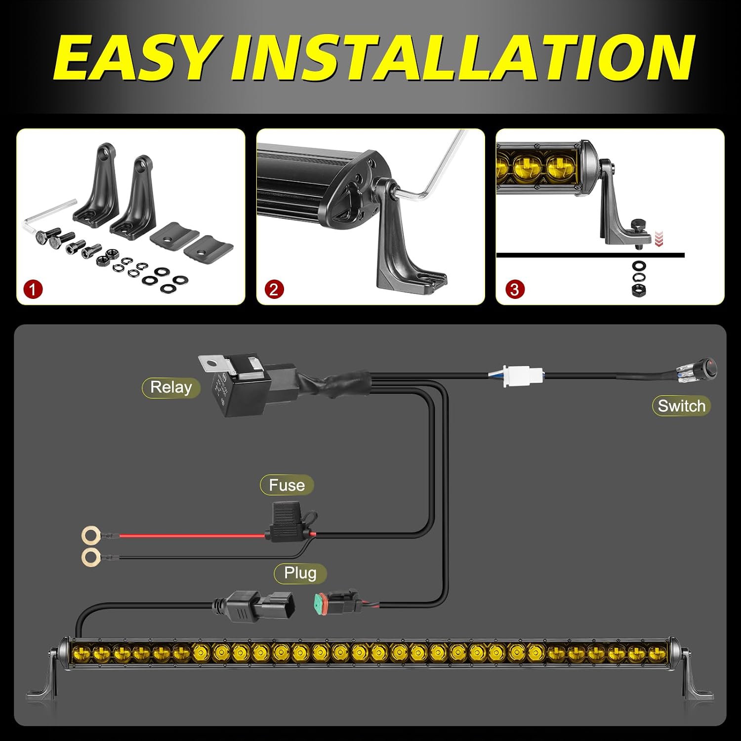 40 Inch Amber LED Light Bar Kit, AKD Part 210W OSRAM LED Slim Single Row Light Bar w/Wiring Harness Black Cover Driving Light Roof Lights for Truck UTV SUV Toyota Can-Am Honda Bronco Subaru