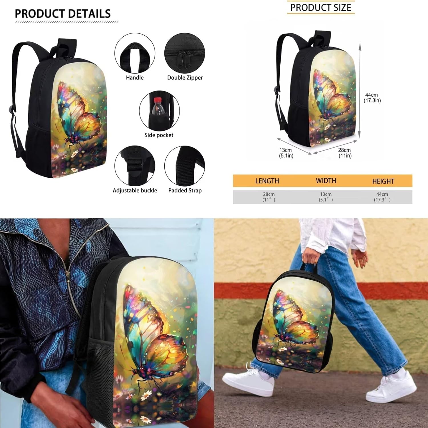 Butterfly Toddler Backpack and Lunch Box Set Girls 2-4 Student Bookbag for Boys Portable School Bag for High School Students Top Sling/Handle Help to Store and Carry