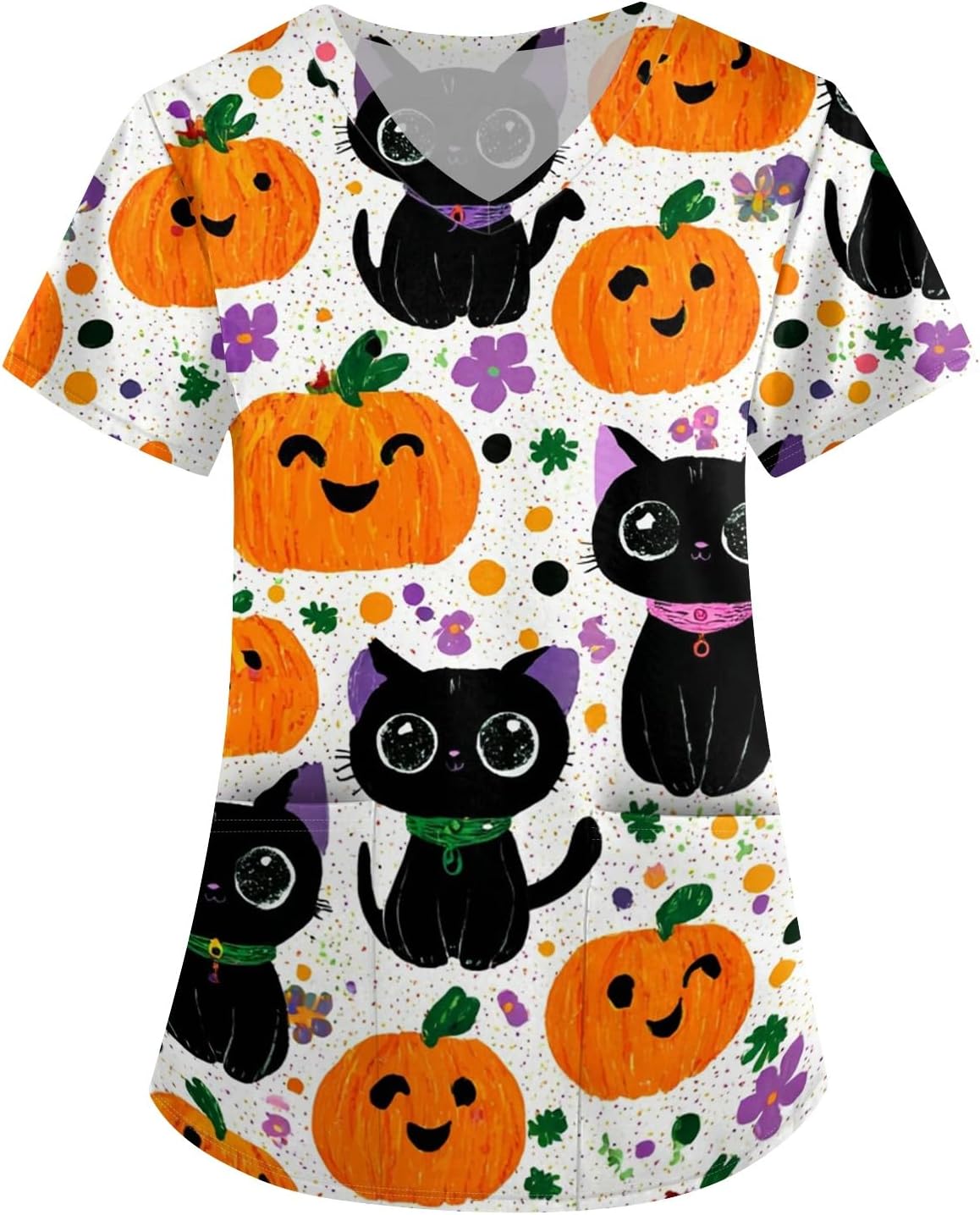 Women's Ghost Graphic Halloween Tops, Short Sleeve V Neck Cute Shirts with Pockets, S-5XL