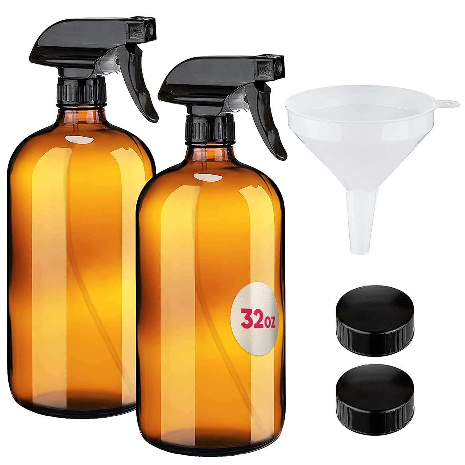 Large 32oz Amber Glass Spray Bottles with Funnel - Refillable Trigger Sprayer Containers for Oils, Cleaning Products, Plant Misting, Cooking, Hair, and Beauty. Includes 4 Bottles and 1 Funnel.