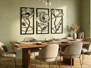 Vailla 3 Pcs Geometric Wooden Wall Decor Flower 3D Wall Decor Large Wall Decor for Bedroom Living Room Kitchen (Flowers 2)