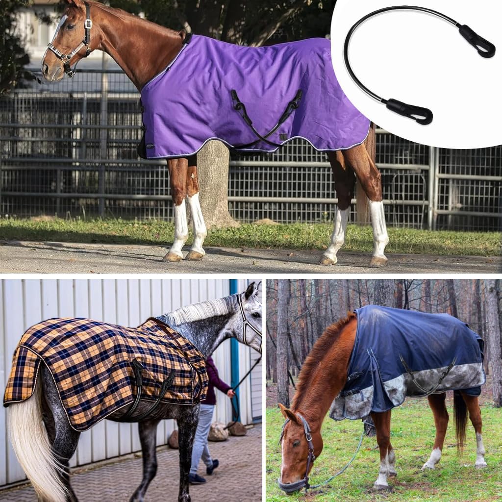 2 Pcs Horse Blanket Straps - Adjustable Elastic Tail & Leg Straps with Double-Ended Clips, 16" Stretchy Replacement Straps for Horse Blankets & Stall Buckets