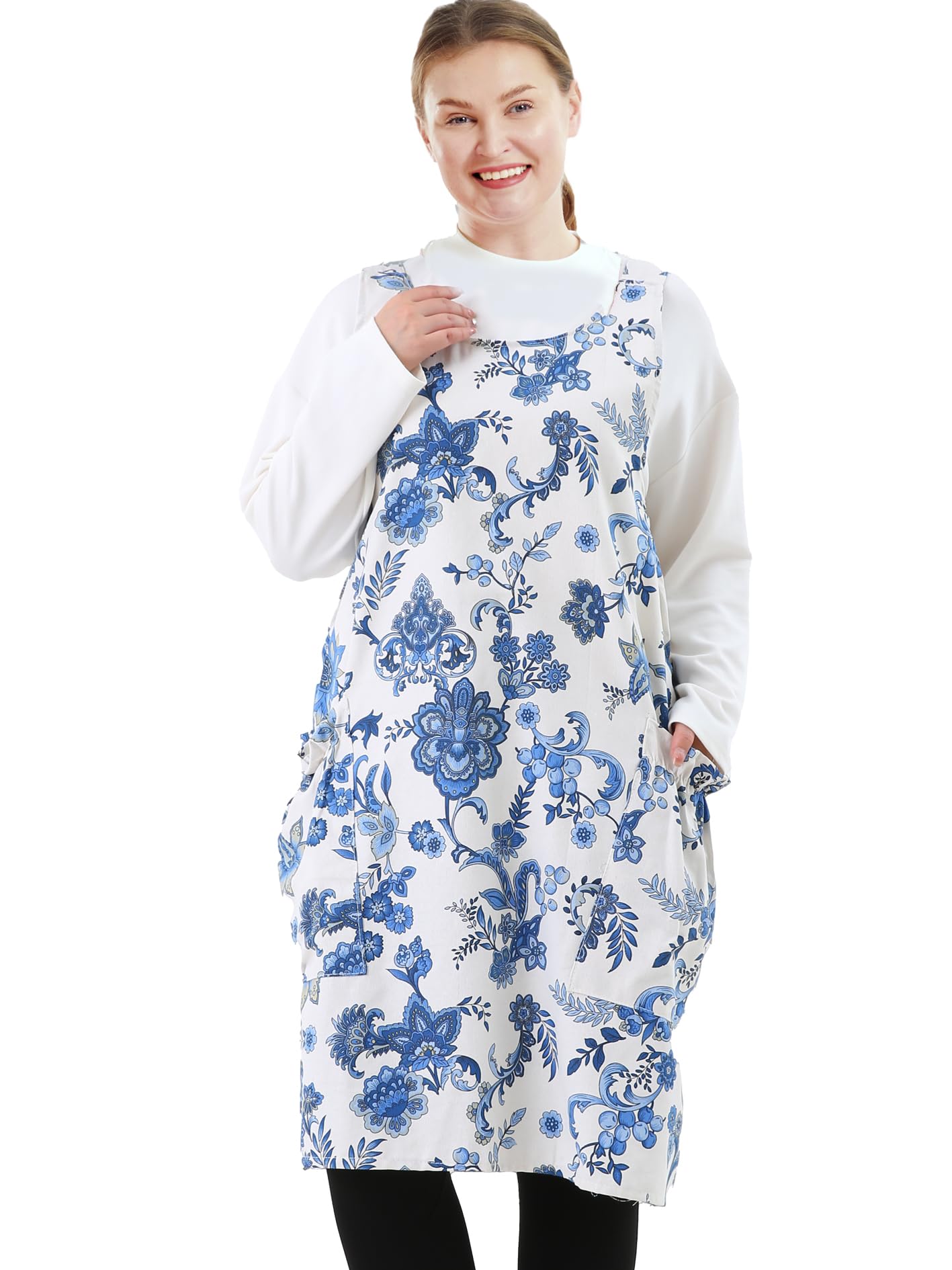 APRONNER Big Plus Size Aprons for Women with Pockets Cotton Linen Baking Kitchen Cooking, Strange Blossoms, One size