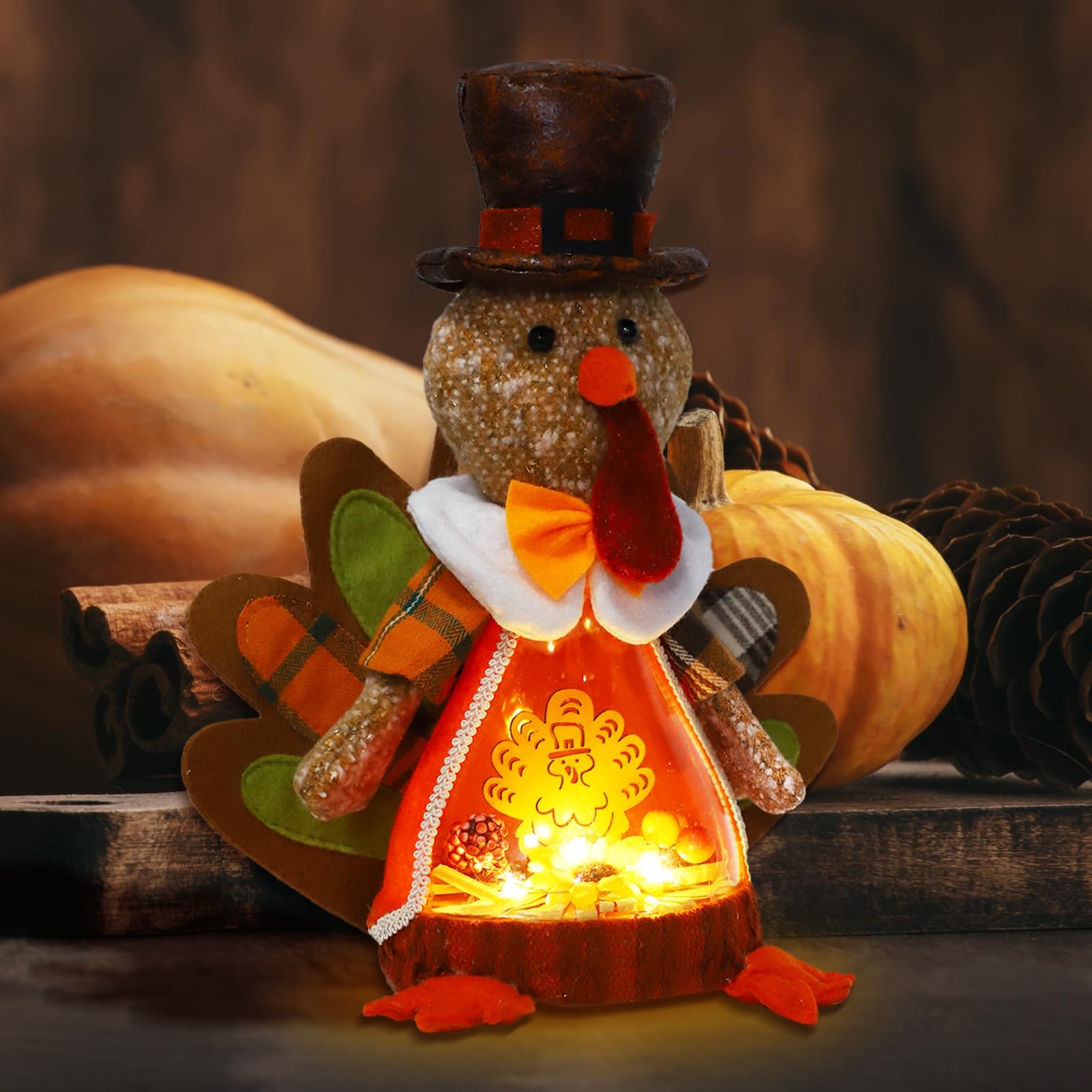 Aoutrow Lighted Thanksgiving Turkey,10 Inches Plush Light Up Turkey Toy Holiday Present, Battery Operated Xmas Gifts Winter Mantle Tabletop Decor - Image 6