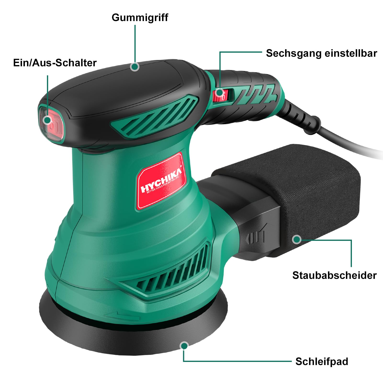 HYCHIKA Exzenterschleifer, 300W Schleifmaschine mit Absaugung für Holz, 6 Geschwindigkeiten 6000-13000 U/min, mit 12pcs Schleifpapier 125mm klett, Staubfangbehälter