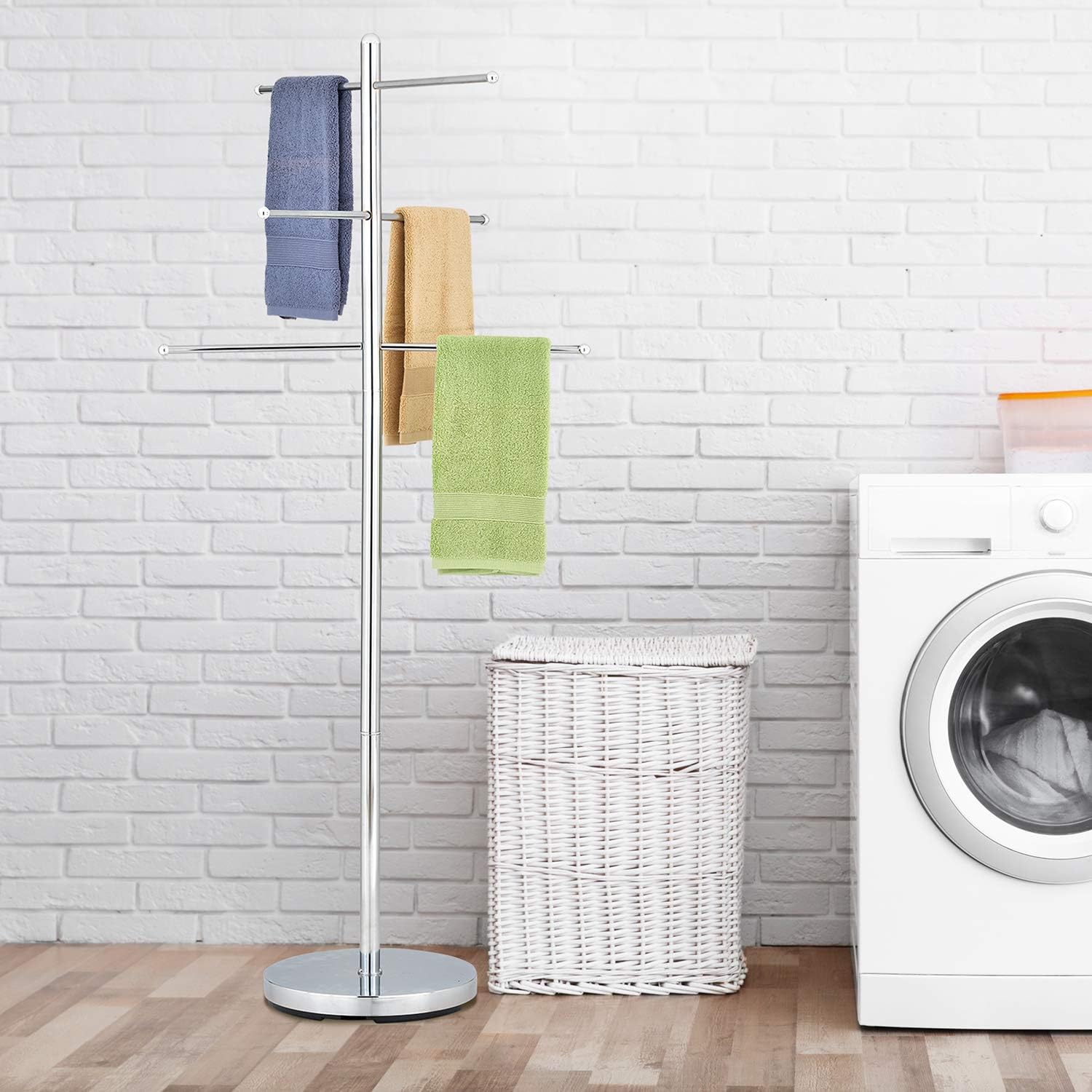 Exclusive MyGift 6-Rung Chrome-Plated Metal Indoor Standing Bathroom Hand Towel Rack/Freestanding Laundry Storage Clothes Drying Stand/Blanket Hanging Tree