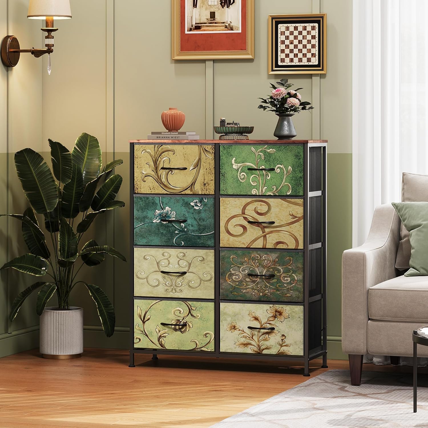 WLIVE Cómoda de Tela con 8 Cajones Extraíbles, Gabinete con Parte Superior de Madera y Estructura de Acero, Adecuado para Salón, Dormitorio, Pasillo, Habitación De Niños, Bohemia