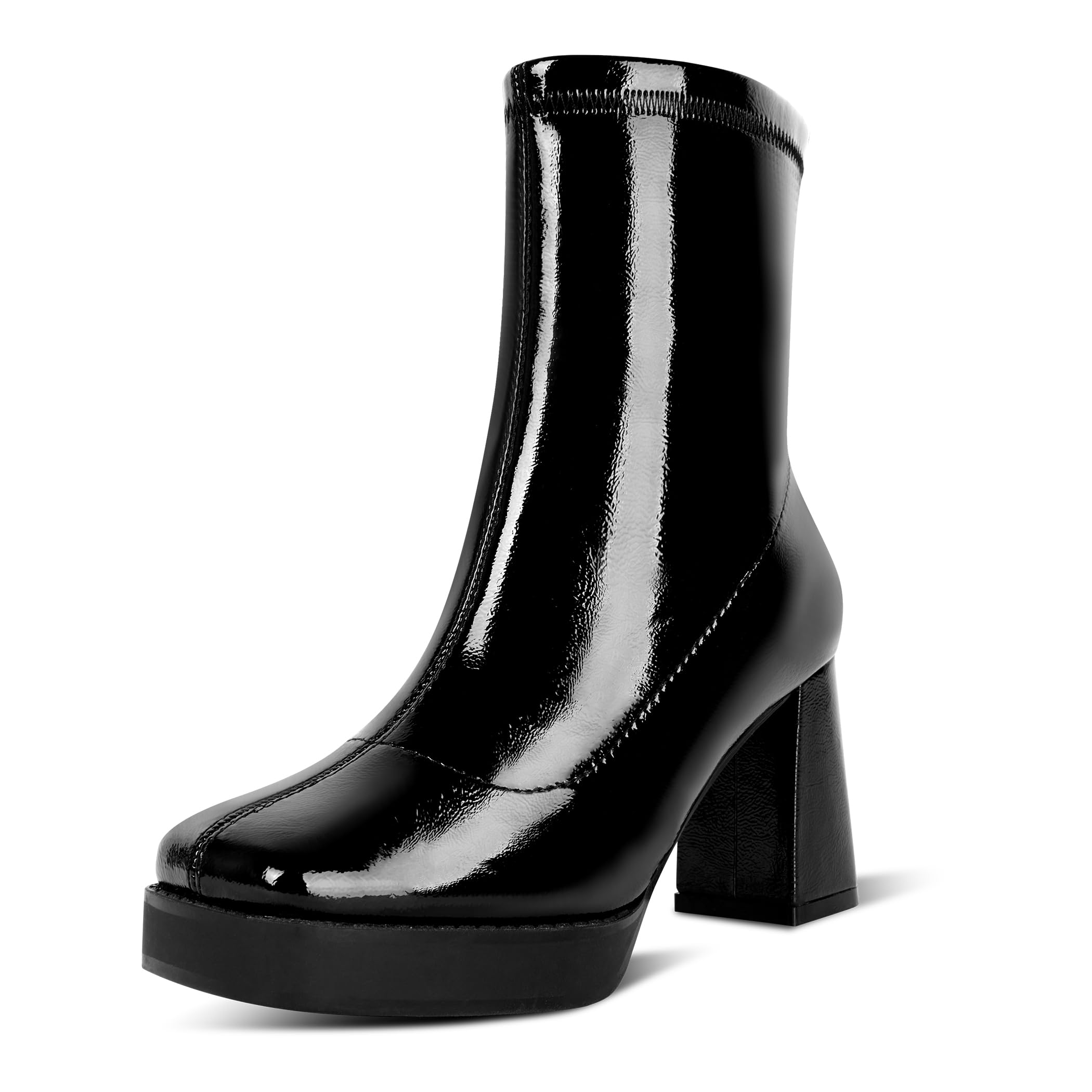 Photo 1 of CAMSSOO Women's Square Toe Platform Ankle Boots Chunky Block Heels Mid Calf Boots Ankle High Heel boots 8 Black Patent Leather Pu