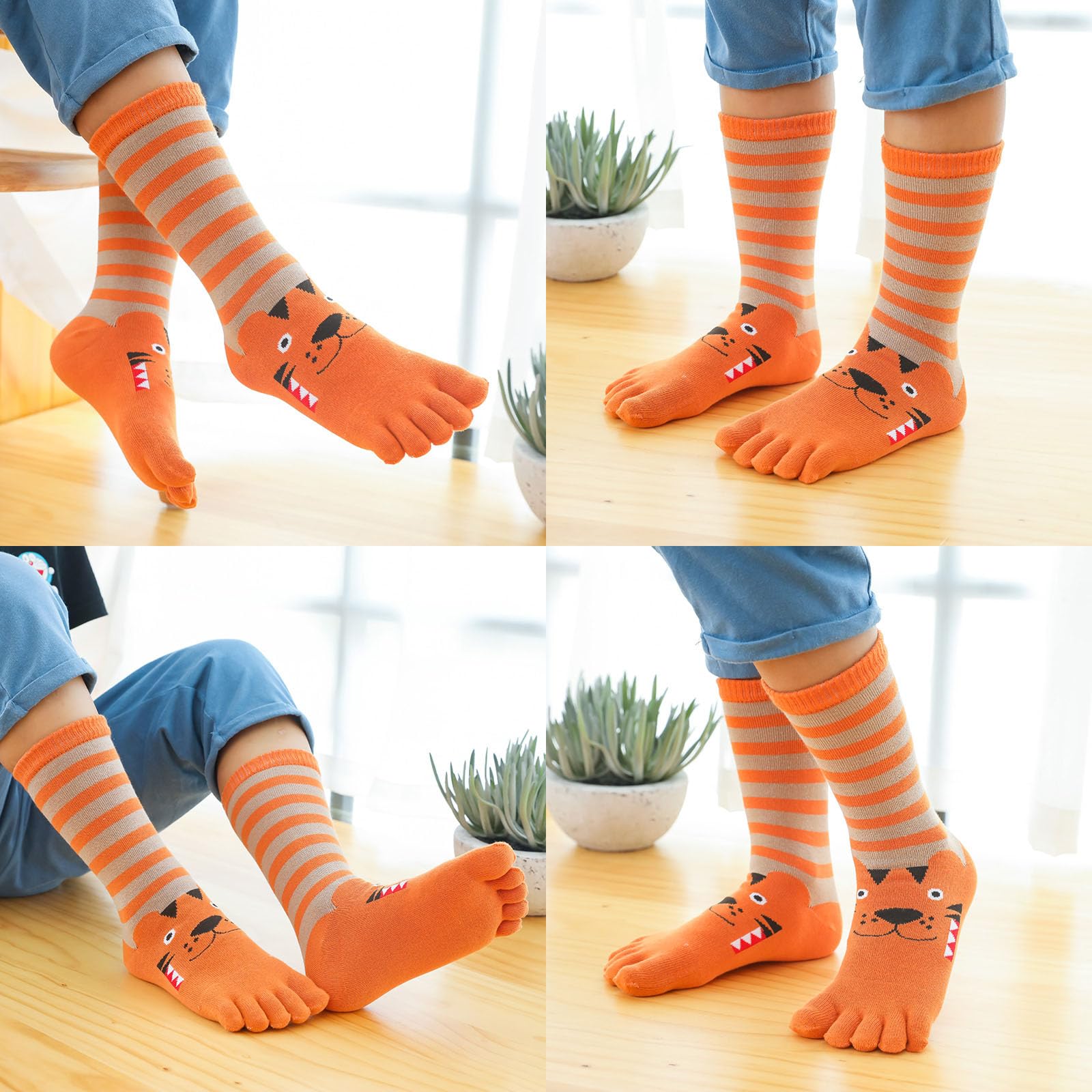 4 Pairs Cotton Five Finger Toe Socks Athletic Running Calf High Animal Stripe Seperated Socks for Kids Boys Girls 3-12 Years