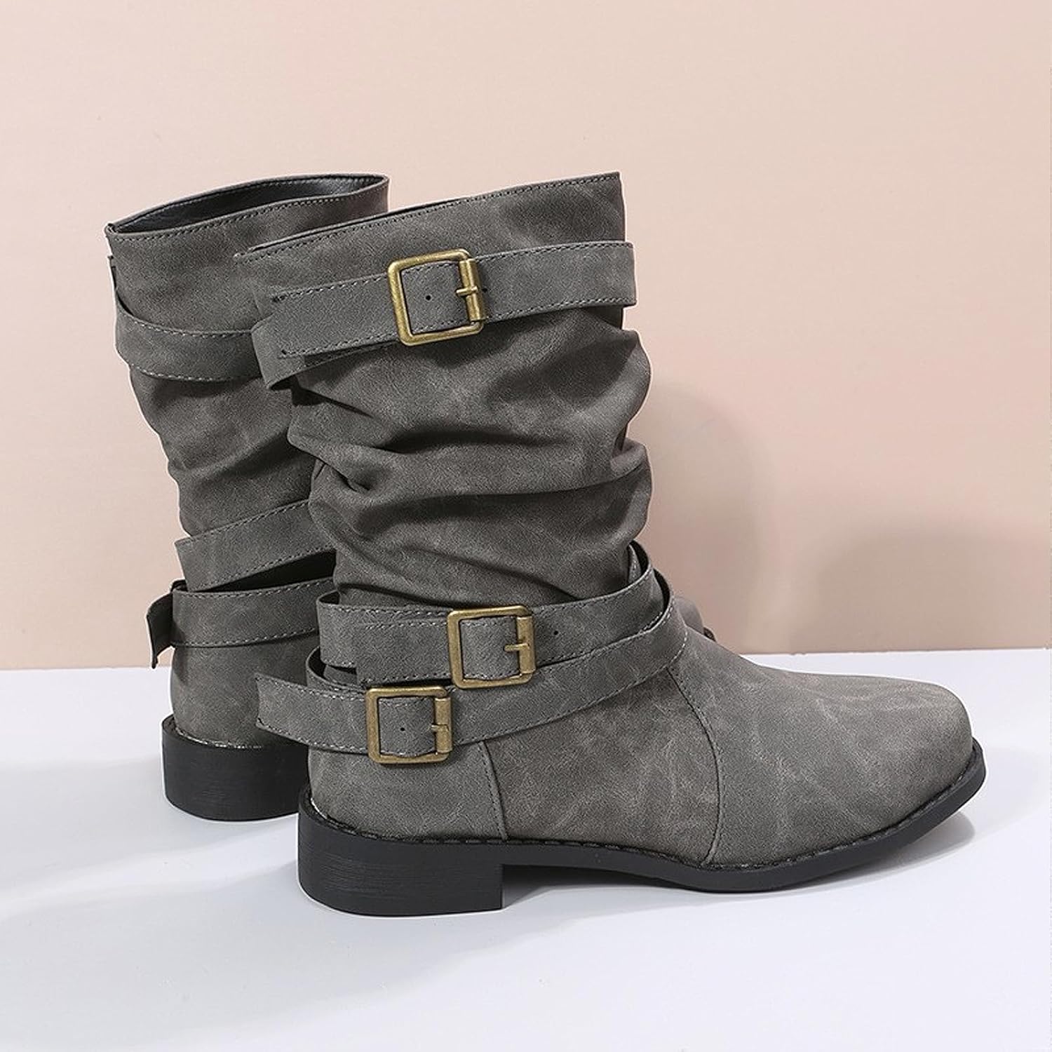 Women's Leather Wide Width Slouchy Ankle Boots with Buckle Classic Round Toe Comfort Low Chunky Heel Pull-On Mid Calf Boots Fashion Western Short Booties