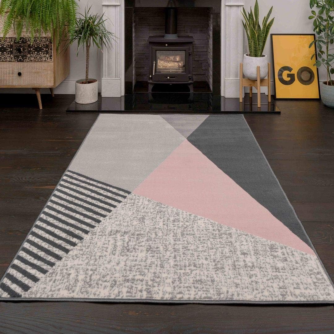 Blush Pink & Grey Retro Pattern Geometric Soft Shaggy Area Rug Lounge
