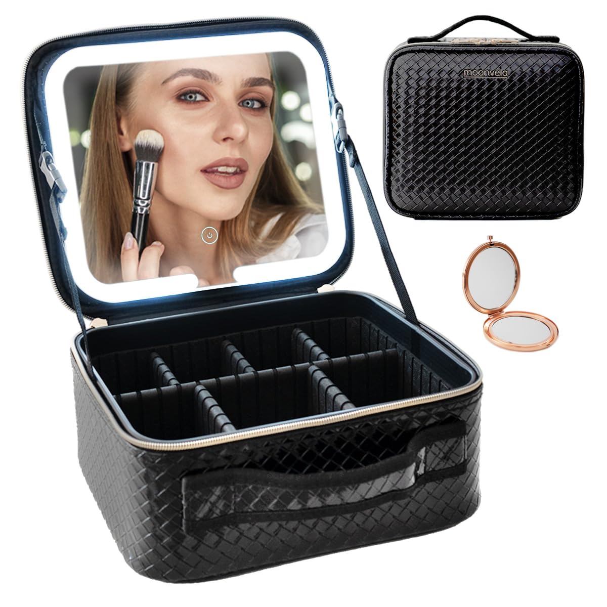 moonvela Bolsa de Maquillaje con Espejo de Luz LED. Neceser Organizador con almacenaje para cosmeticos. Estuche de Maquillaje para Viajes para Mujer (Negro Elegante)