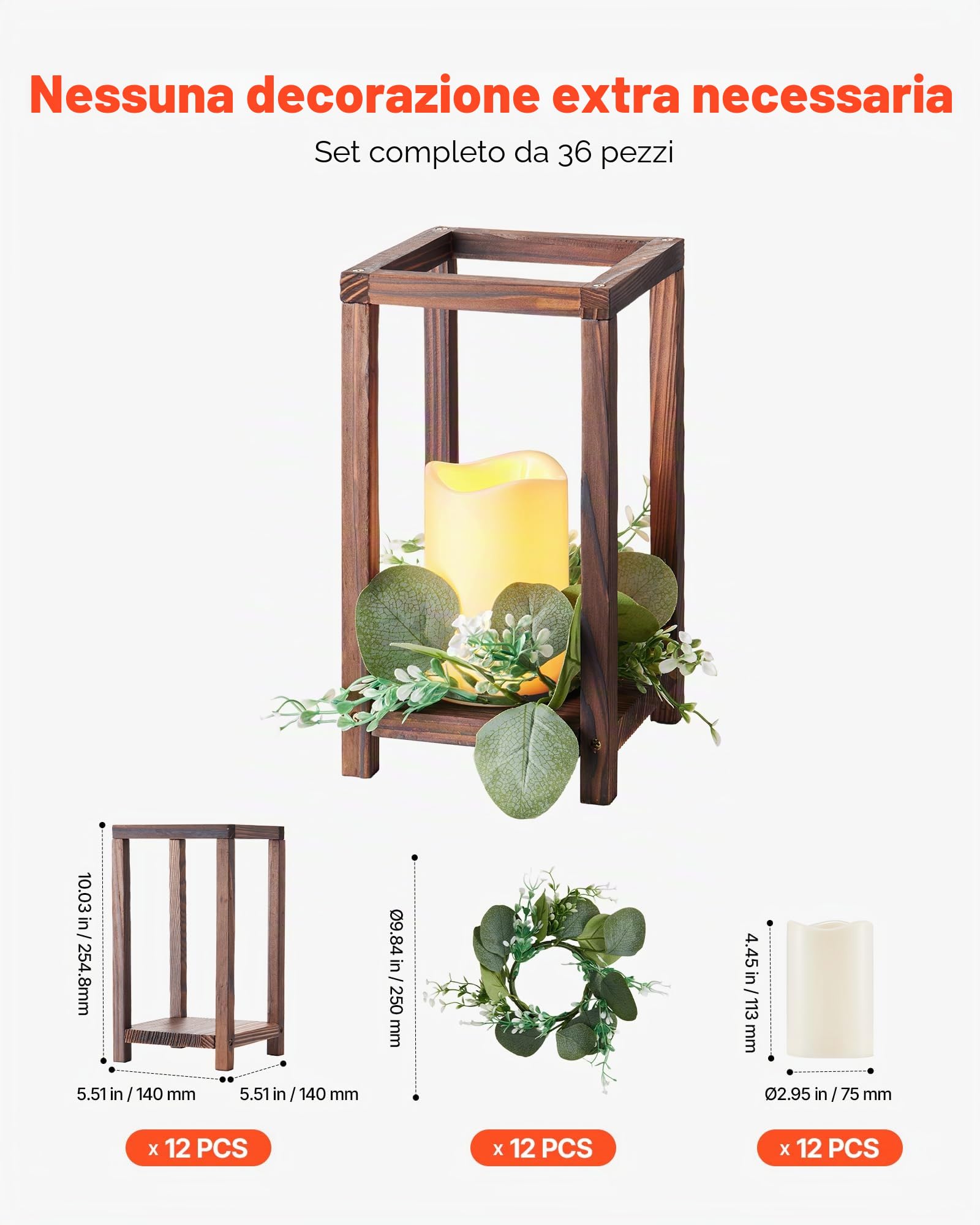 VEVOR Set Centrotavola Lanterna in Legno 12 Pezzi Portacandele Lanterna in Legno Candele LED Senza Fiamma, Ghirlande di Foglie di Eucalipto per Decorazioni da Tavolo Carico 6,08 kg per Matrimoni