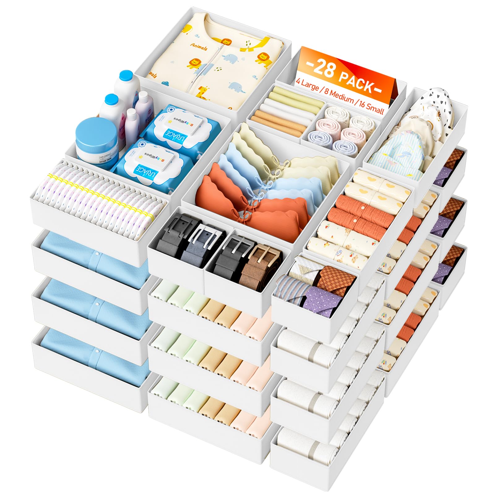 DIMJ 28Pack Draw Dividers Storage – Foldable Wardrobe Storage Organiser for Underwear, Clothes, Bras, Socks, Tie, Belt, Cosmetics – White Drawer Divider Boxes