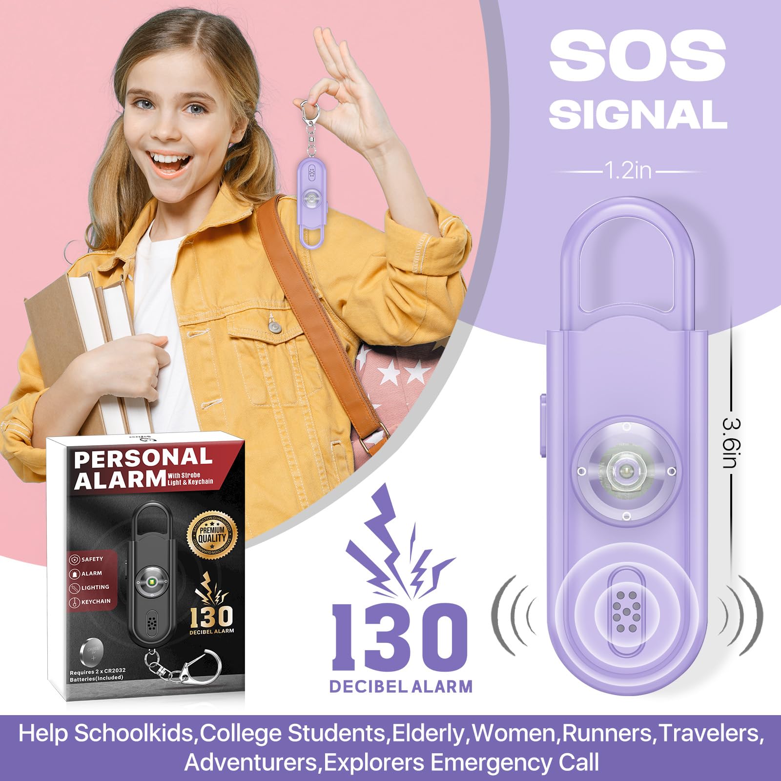 Llavero de alarma de seguridad personal para mujer, 2 unidades, sirena fuerte de 130 dB con luz estroboscópica SOS, linterna, altavoces dobles, llavero de defensa de seguridad para niñas,