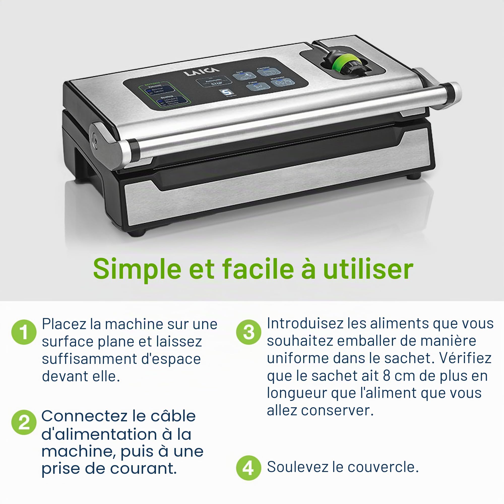 Laica VT3240 XPro Machine d'emballage sous vide professionnelle 22L/Min., comprend 2 rouleaux de 28 x 600 cm.