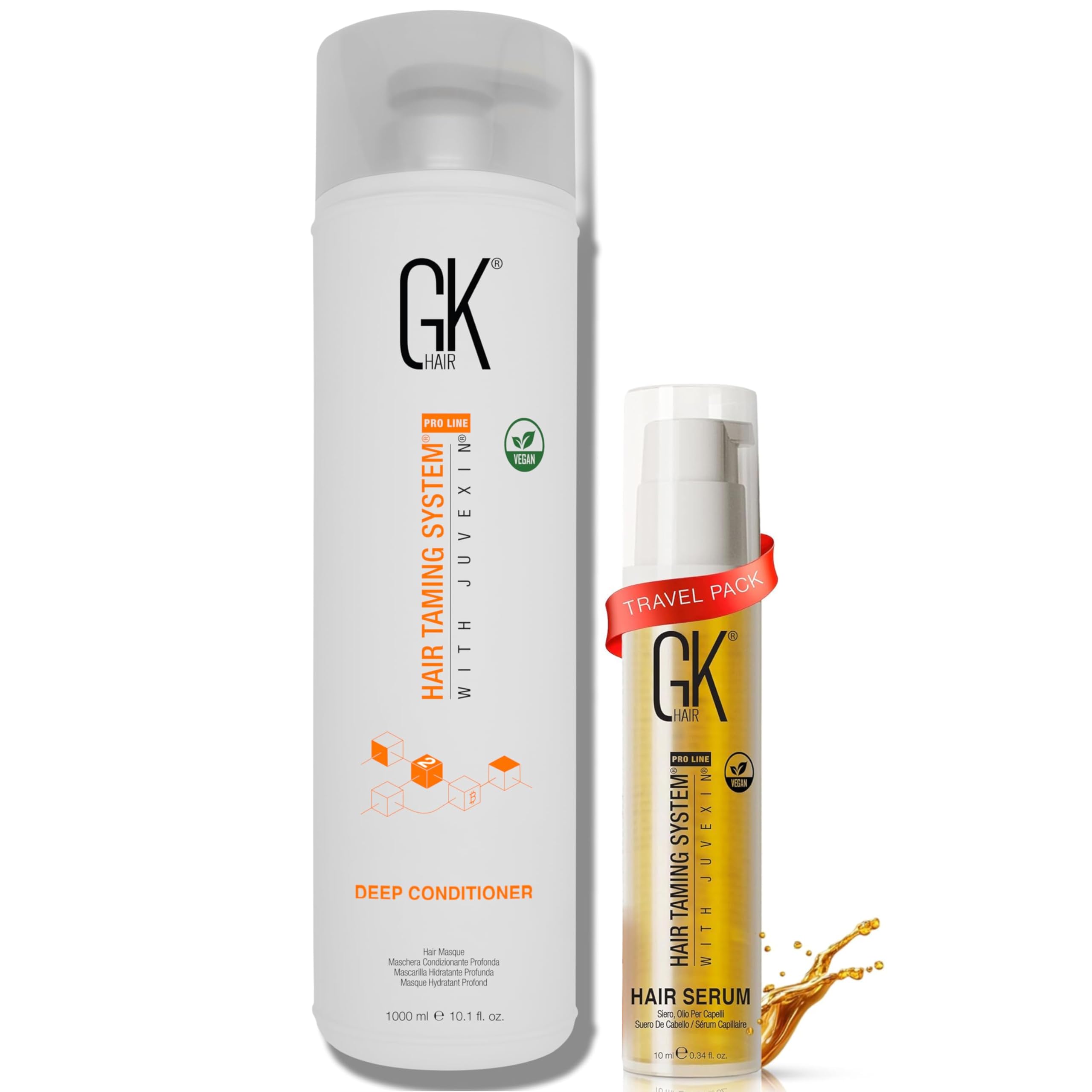 GK Hair Olio all’Argan 0.34 Fl Oz + Deep Conditioner Maschera 1000ml – Siero Anti-Crespo Idratante e Maschera Riparatrice per Capelli Secchi, Danneggiati, Crespi e Trattati, Lisci e Ricci, Senza Solfa