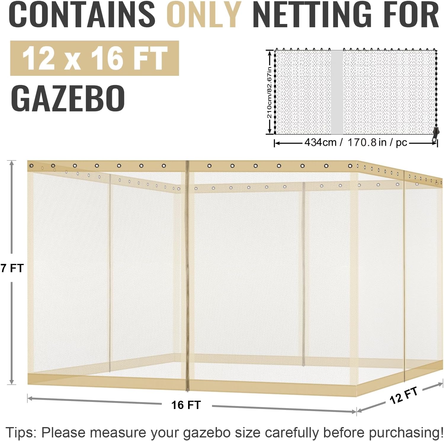 COWVIE Gazebo Replacement Netting Screen, 12' x 16' Universal Gazebo 4-Panel Mosquito Sidewalls with Double Zippers for Outdoor Patio (Only Netting)