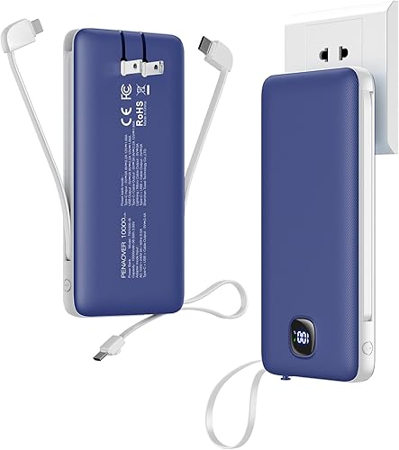 Miniatura 8 de Cargador portátil con cables integrados y enchufe de pared AC, batería externa de 10000 mAh delgada, carga rápida de 22.5 W, 5 salidas, 2 entradas