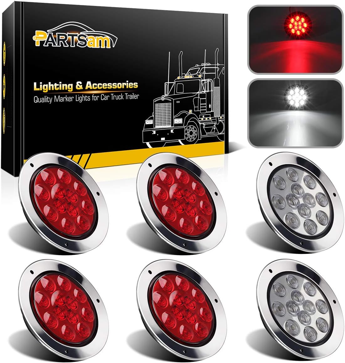 Partsam 4 Red + 2 White 4" Round Led Stop Turn Tail Back-up Reverse Fog Lights Include Lights Flange Mount 12 LED for Truck Trailer RV