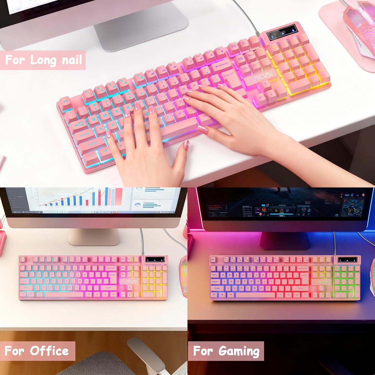 Light Up Cute Pink Gaming Keyboard, 104 Keys Full Size, Number Pad, 19 Keys Anti-Ghosting, Multimedia Function Keys, 3 Colors LED Backlit, USB Wired Creamy Keyboard for PC, Computer, Desktop, Laptop