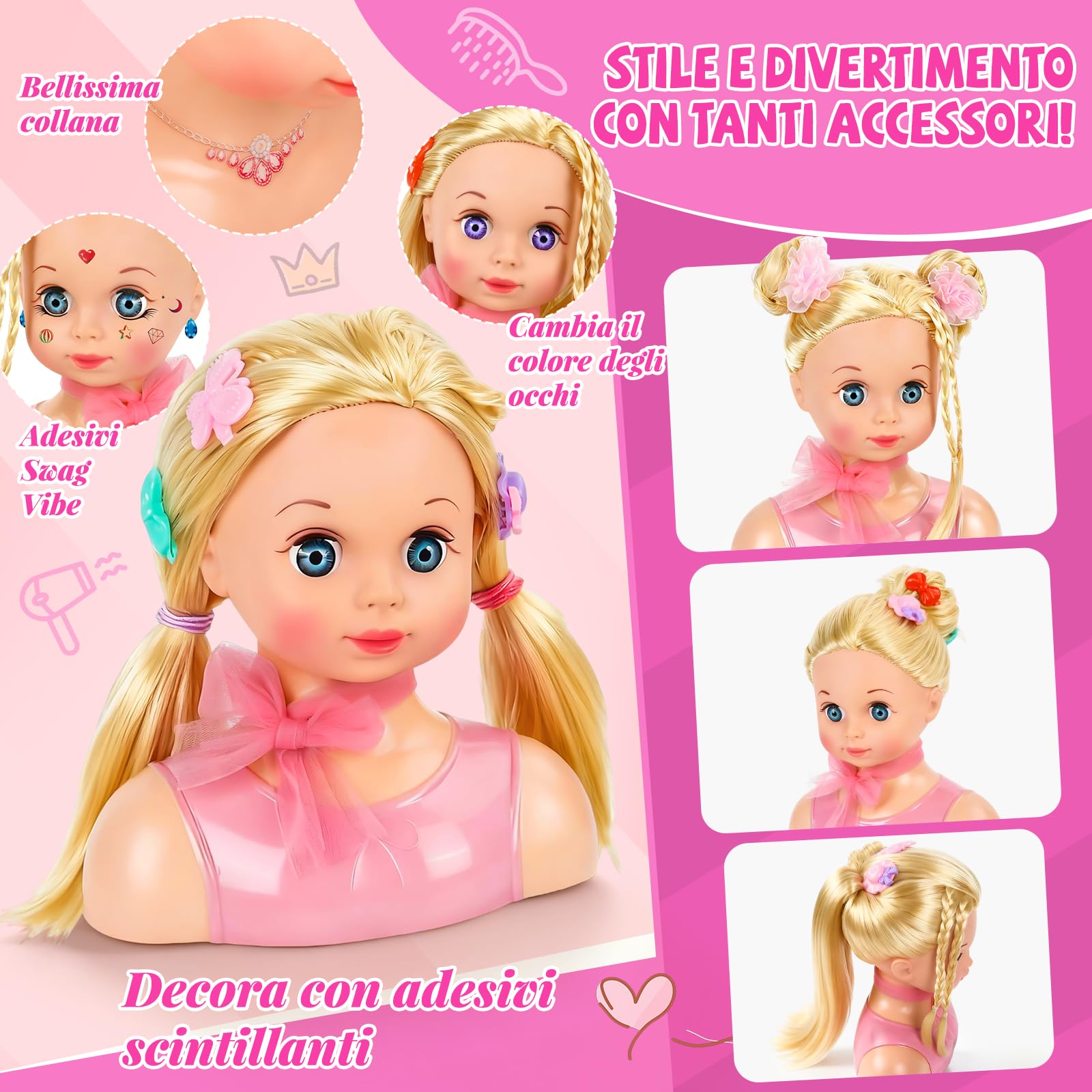 Testa Bambola da Truccare e Pettinare, Bambola Parrucchiere per Bambini, Lavabili Parrucchiere Testa Giocattolo con Forcine Regalo per Ragazze 4 5 6 7 8 Anni