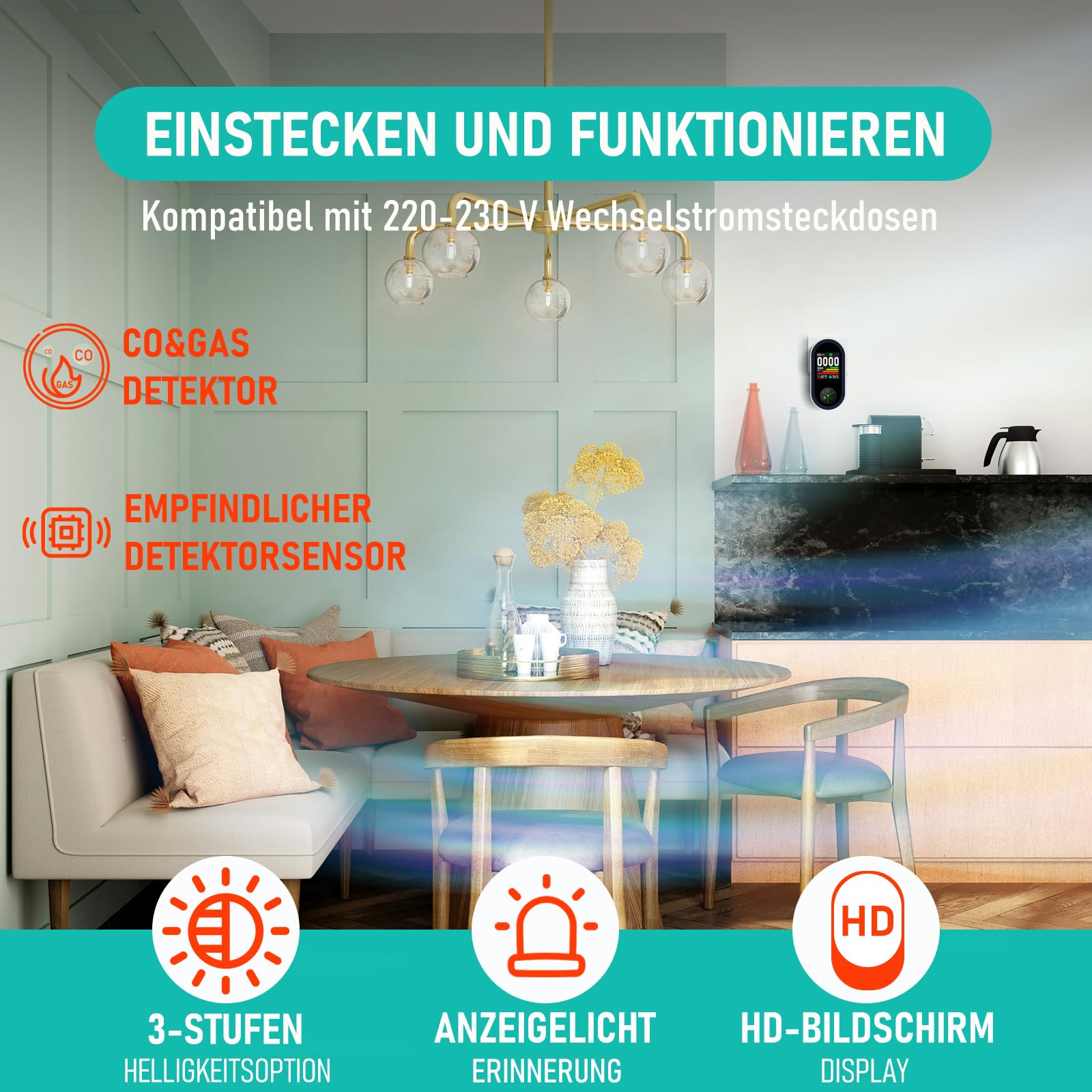 LSENLTY Kohlenmonoxid- und Gasmelder mit Stecker, 4-in-1 CO-Melder mit Temperatur- & Luftfeuchtigkeitssensor, mit akustischem Alarm für Wohnmobile