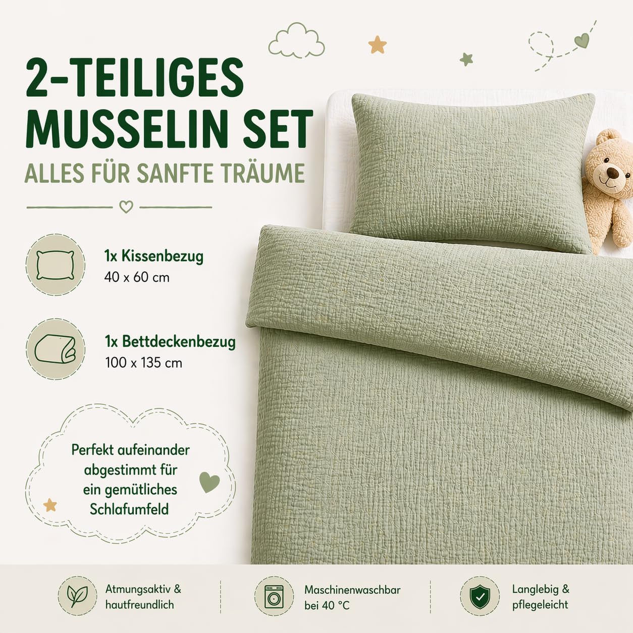 BaSaTex Juego de ropa de cama de muselina, 100 x 135 cm, 100 % algodón, certificado Oeko-Tex, para cunas y cunas, ropa de cama de bebé con cremallera rosa suave
