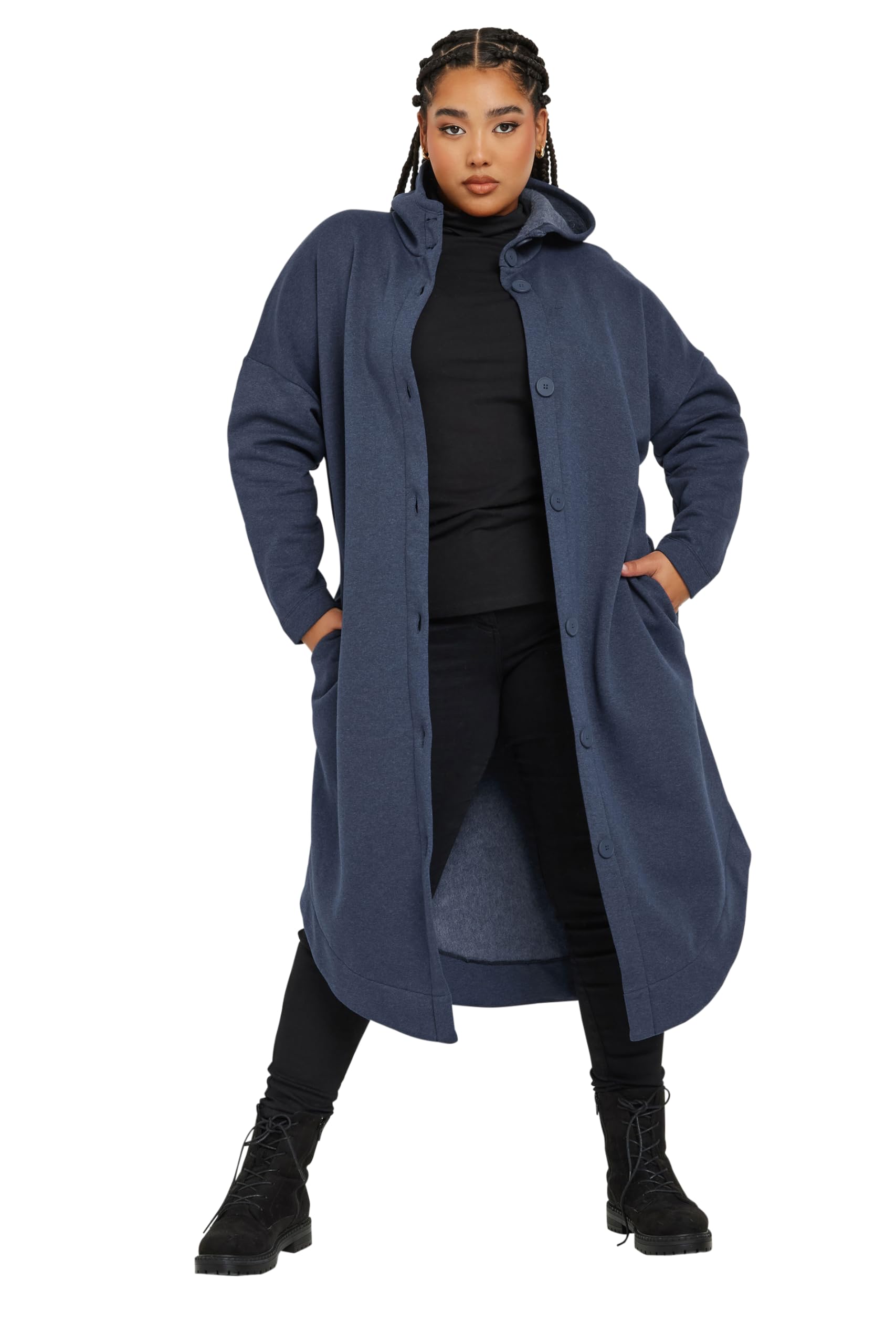 Yours Women's Blue Buttoned Through Hooded Maxi Jacket In Size 22-24